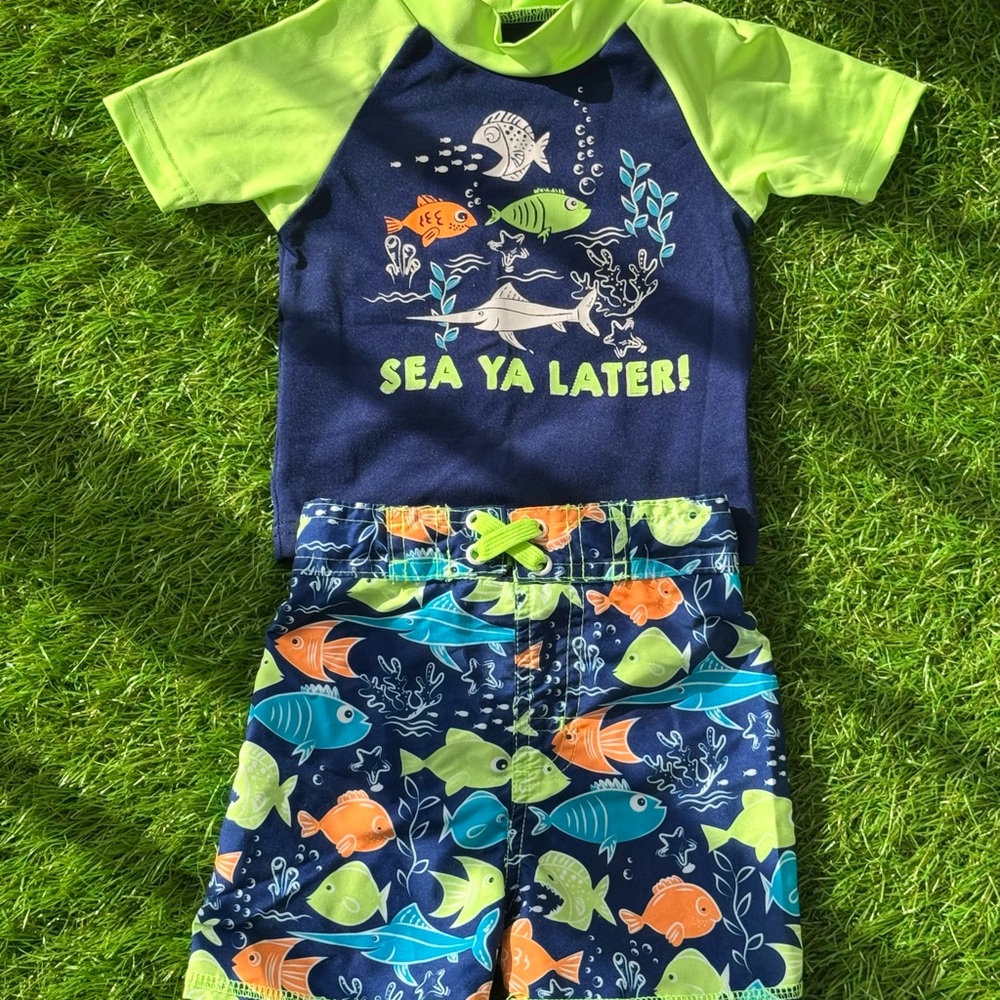 Mick Mack LTD Blue and Green Rashguard Swim Set with Sea Life Graphics